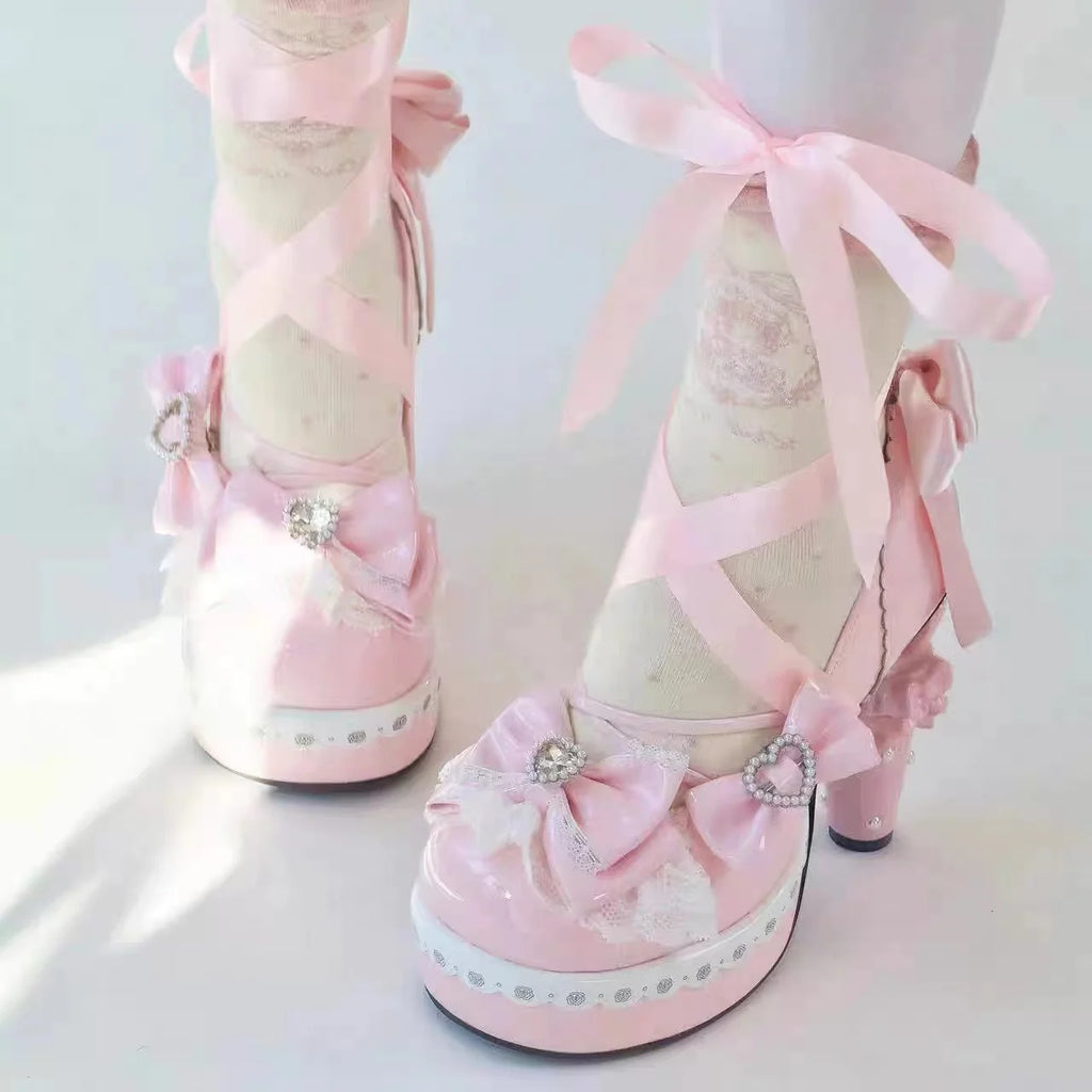 Original Sweet Lolita High Heels Fairy Style Japanese Cosplay Women Leather Shoe 5cm Design Bow Rhinestone Street Shoes Y2k