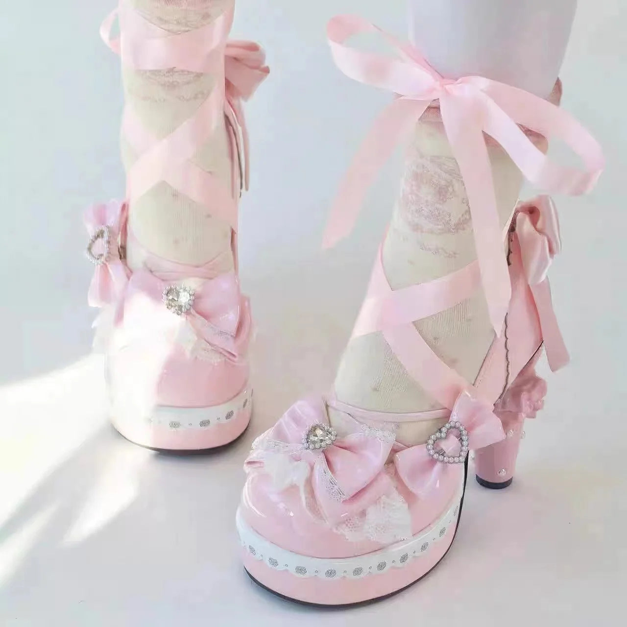 Original Sweet Lolita High Heels Fairy Style Japanese Cosplay Women Leather Shoe 5cm Design Bow Rhinestone Street Shoes Y2k