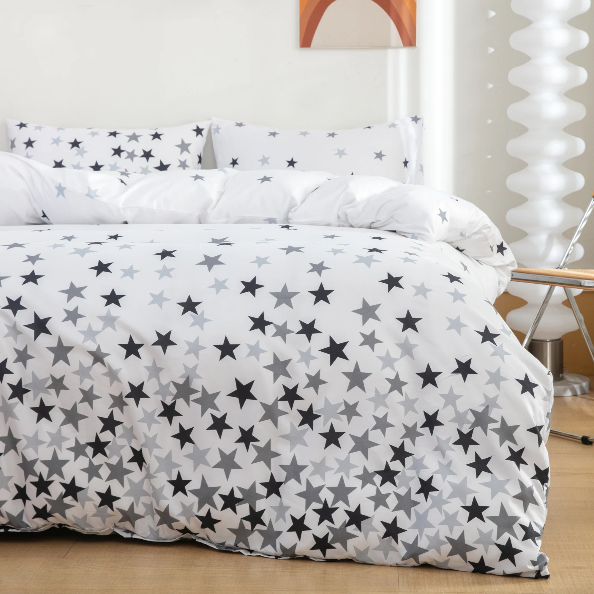 2 Pillowcases + 1 Duvet Cover, Polyester Fiber Star Print White Bedspread 3-Piece Set, Ultra-Soft and Comfortable Polyester Breathable Bedding Duvet Set, Suitable for Bedroom and Guest Room (Bedspread + Pillowcases, Without Q