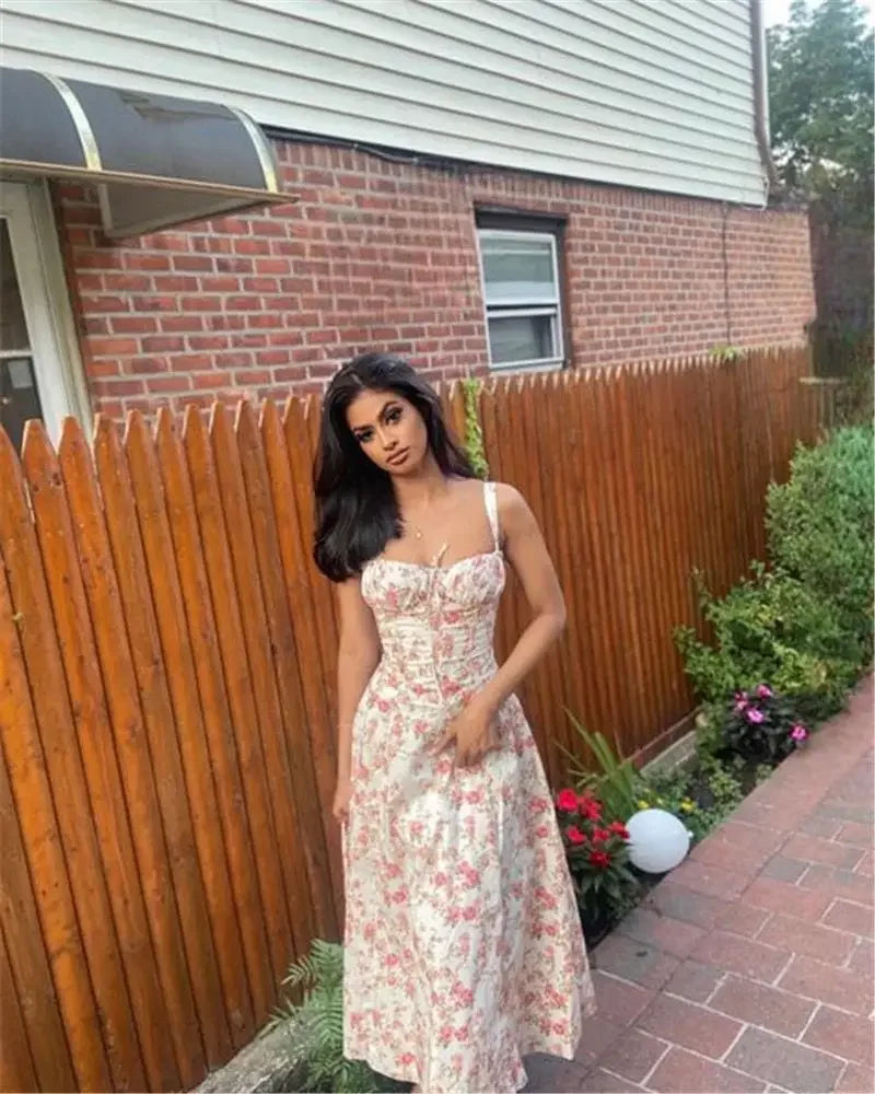 Sexy Floral Print Corset Long Dress Women's Slips Dresses Female Bandage Spring Summer Y2K Summer Holiday Vacatioin White Pink