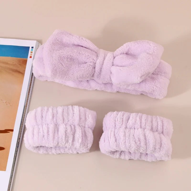 3Pcs Bow Headband Wristband Set Towel Elastic Soft Washing Face Shower Make Up Yoga Sports Skincare Headband for Women Girls