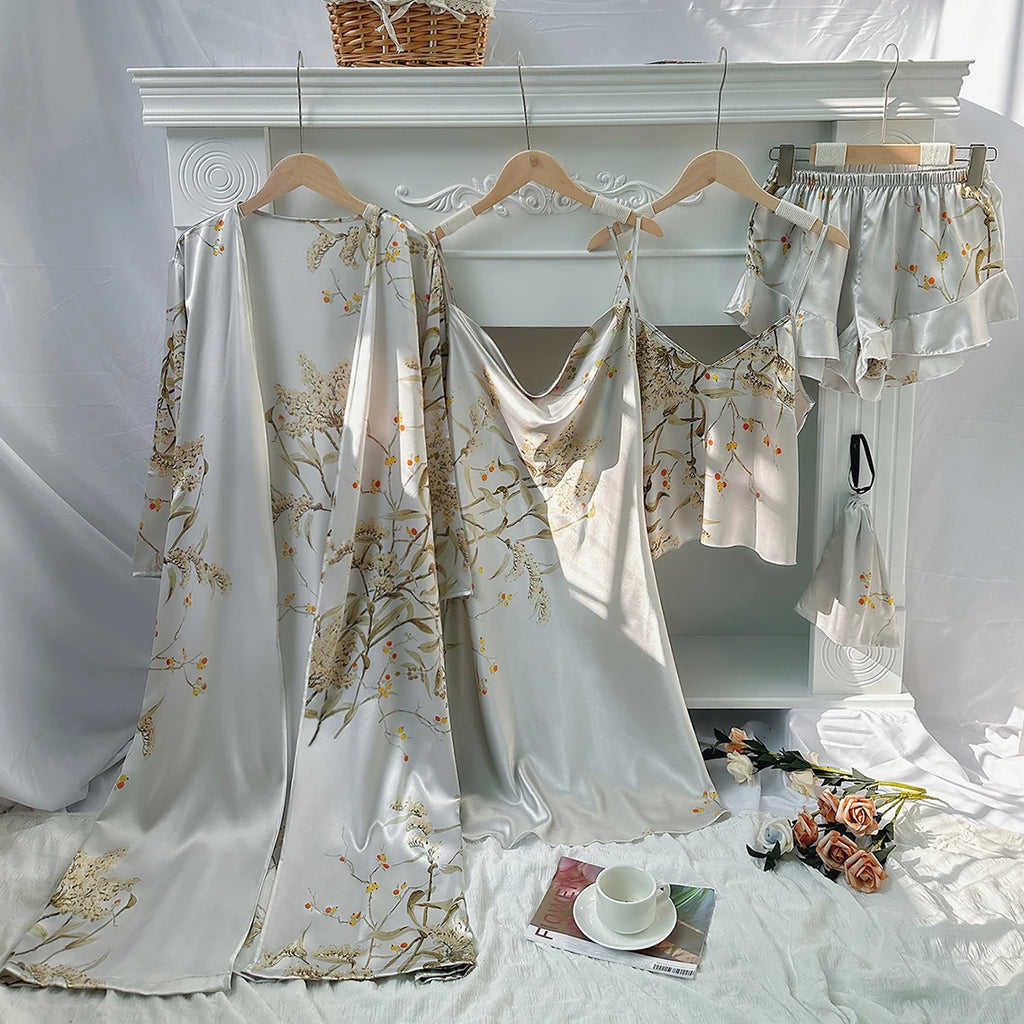 Women's Elegant Floral Print 5-Piece Loungewear Set Comfortable Versatile Daily Home Leisure Pajamas Fashion