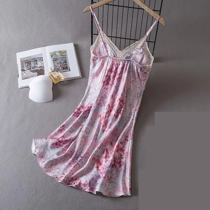 Women Lace Chemise Nightgown Dress Summer New Silky Satin Sleepwear Dressing Gown Lingerie Sexy Strap Nightdress Loungewear