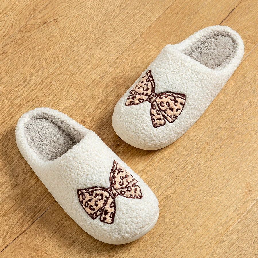 Women's Bow Slippers Warm Pattern Winter Indoor Soft Sole Home Cute Classic Embroidered Comfy casual Fuzzy Bedroom Girls Shoes