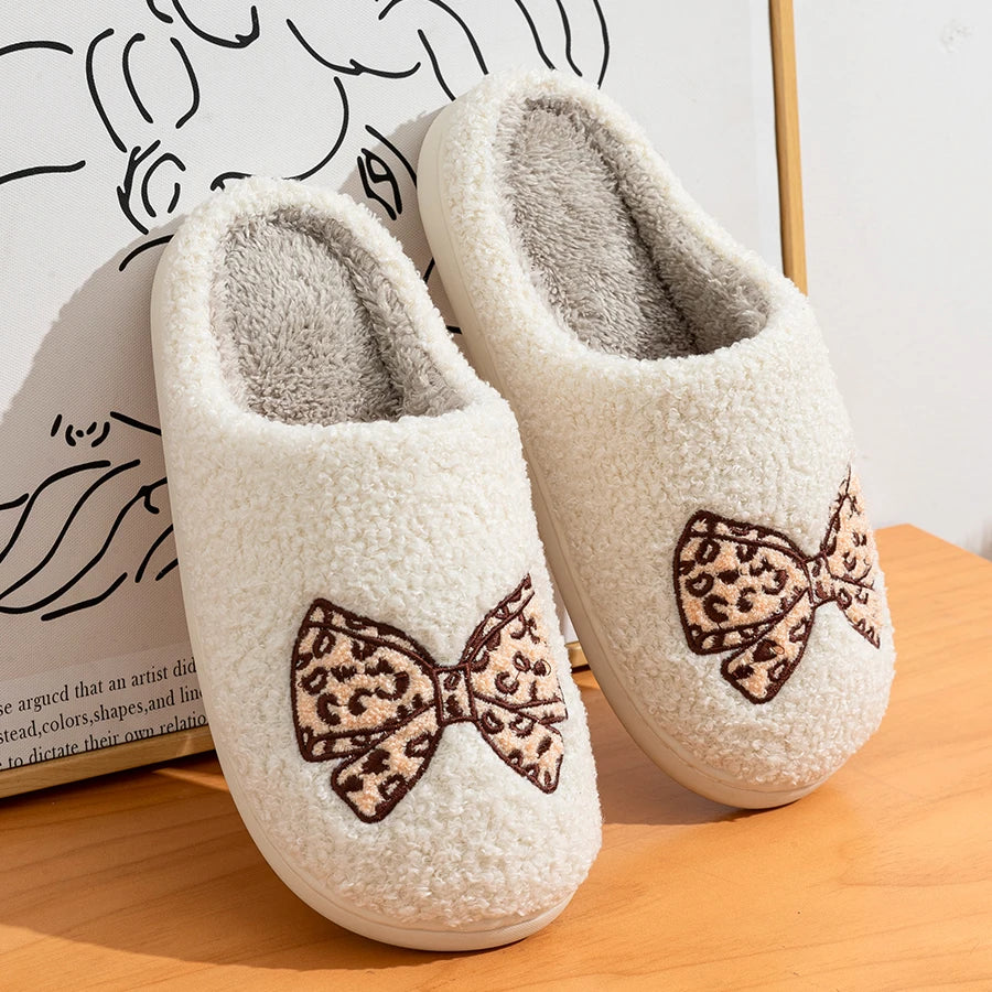 Women's Bow Slippers Warm Pattern Winter Indoor Soft Sole Home Cute Classic Embroidered Comfy casual Fuzzy Bedroom Girls Shoes