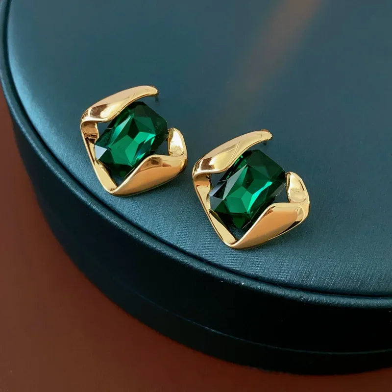 Green Fashion Wedding Jewelry Set Square Earring Retro Light Luxury Temperament Collarbone Chain Necklace