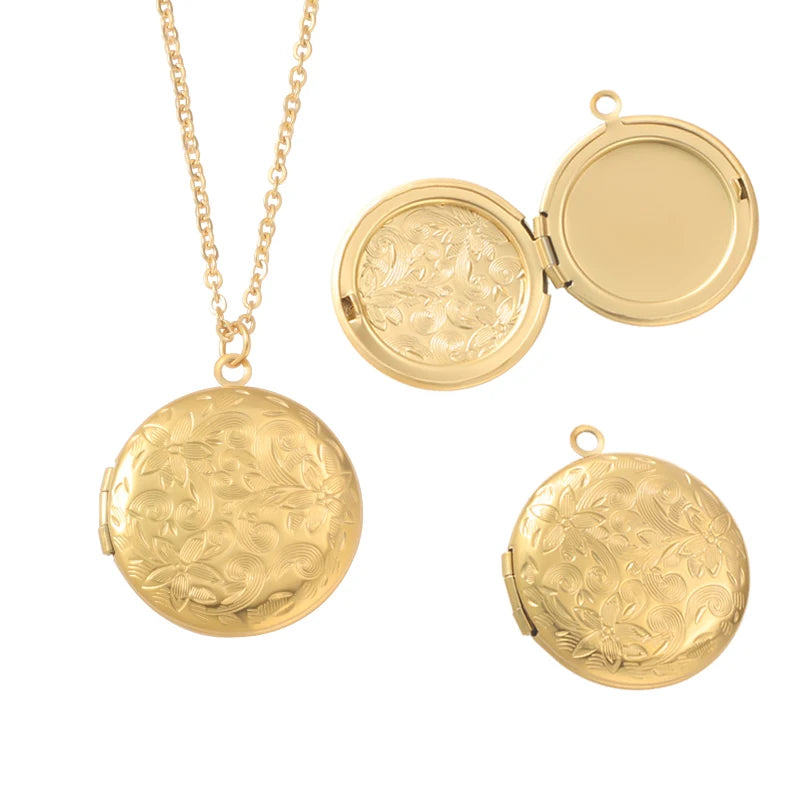 RUMNVNTY 5pc Carved Designs Round Photo Frame Pendant Necklace Stainless Steel Charms Locket Girls Women Memorial Jewelry