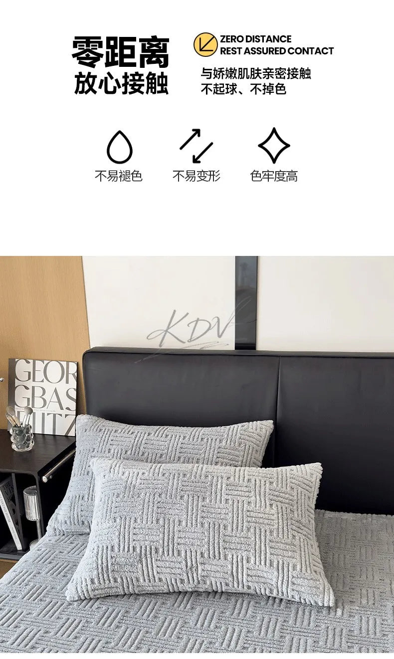 Winter Embossed Plush Fitted Sheet Soft Warm Coral Velvet Mattress Protector Cover Queen Size Deep Pocket Elastic Bed Sheet Set