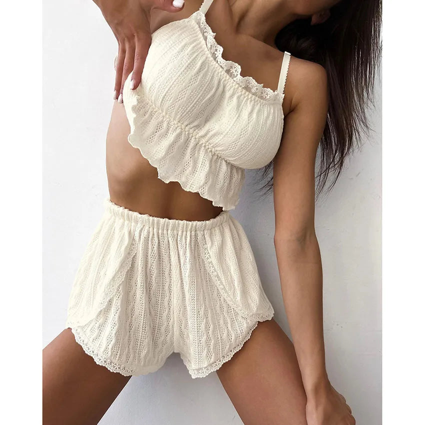 Women's Nightwear Set Sexy Lace-Trimmed Camisole Top with Cutout Details and Shorts Women's Loungewear