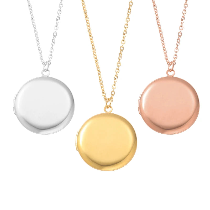 RUMNVNTY 5pc Carved Designs Round Photo Frame Pendant Necklace Stainless Steel Charms Locket Girls Women Memorial Jewelry