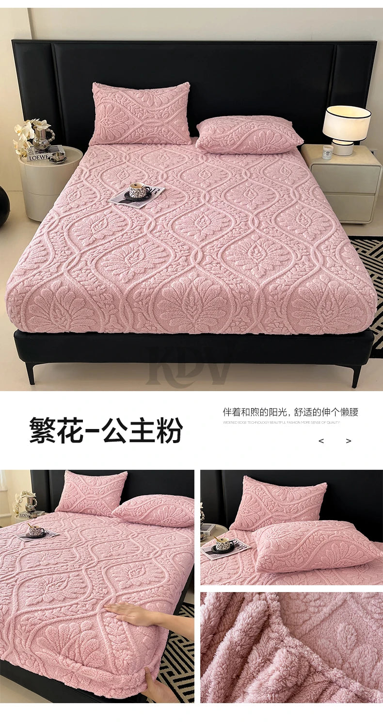 European Style Jacquard Taffeta Fitted Sheet Winter Warm Soft Plush Mattress Protector with Deep Pockets Floral Queen Bed Sheets