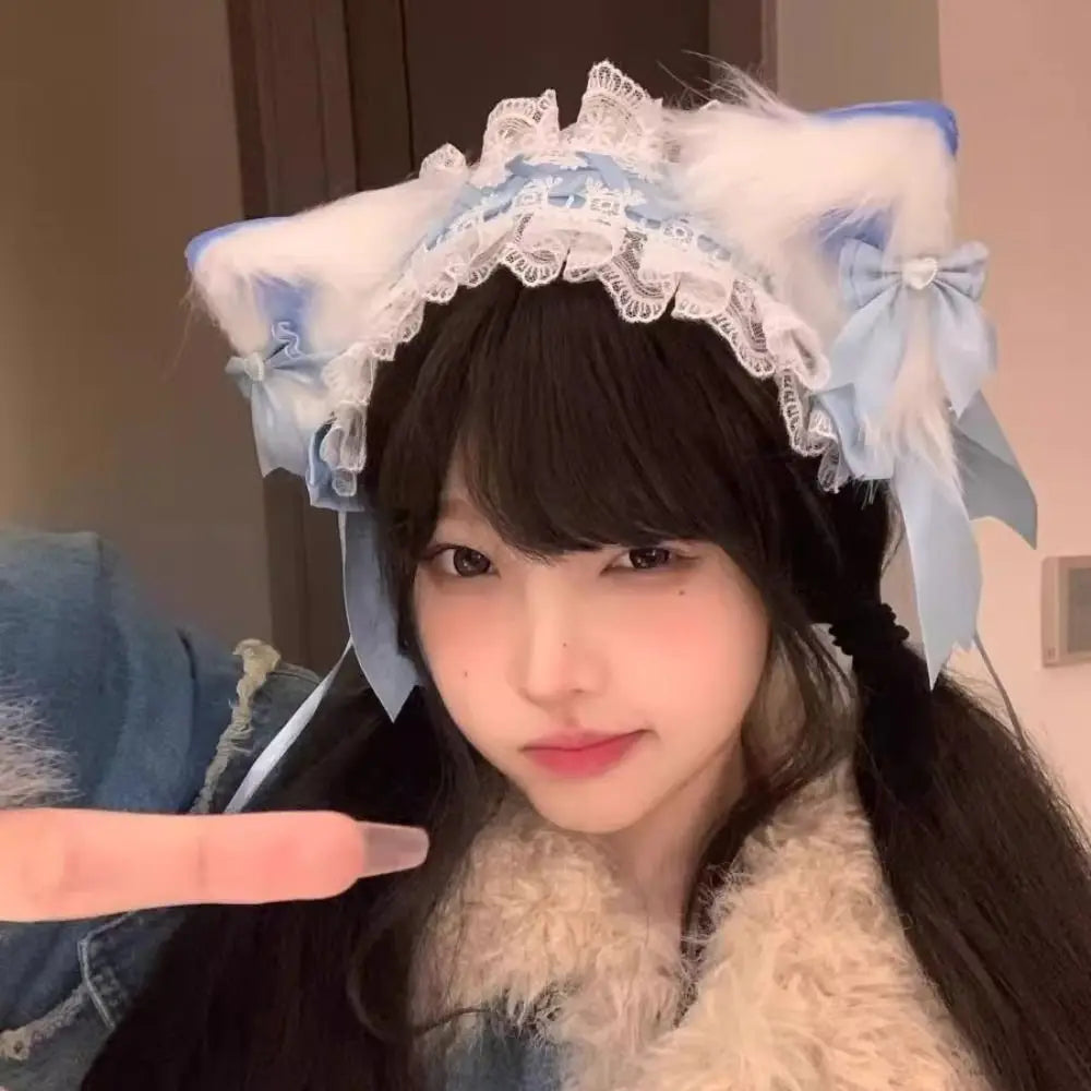 New Lolita Cat Ears Headband Lace Cosplay Head Wrap Bow Headdress Women