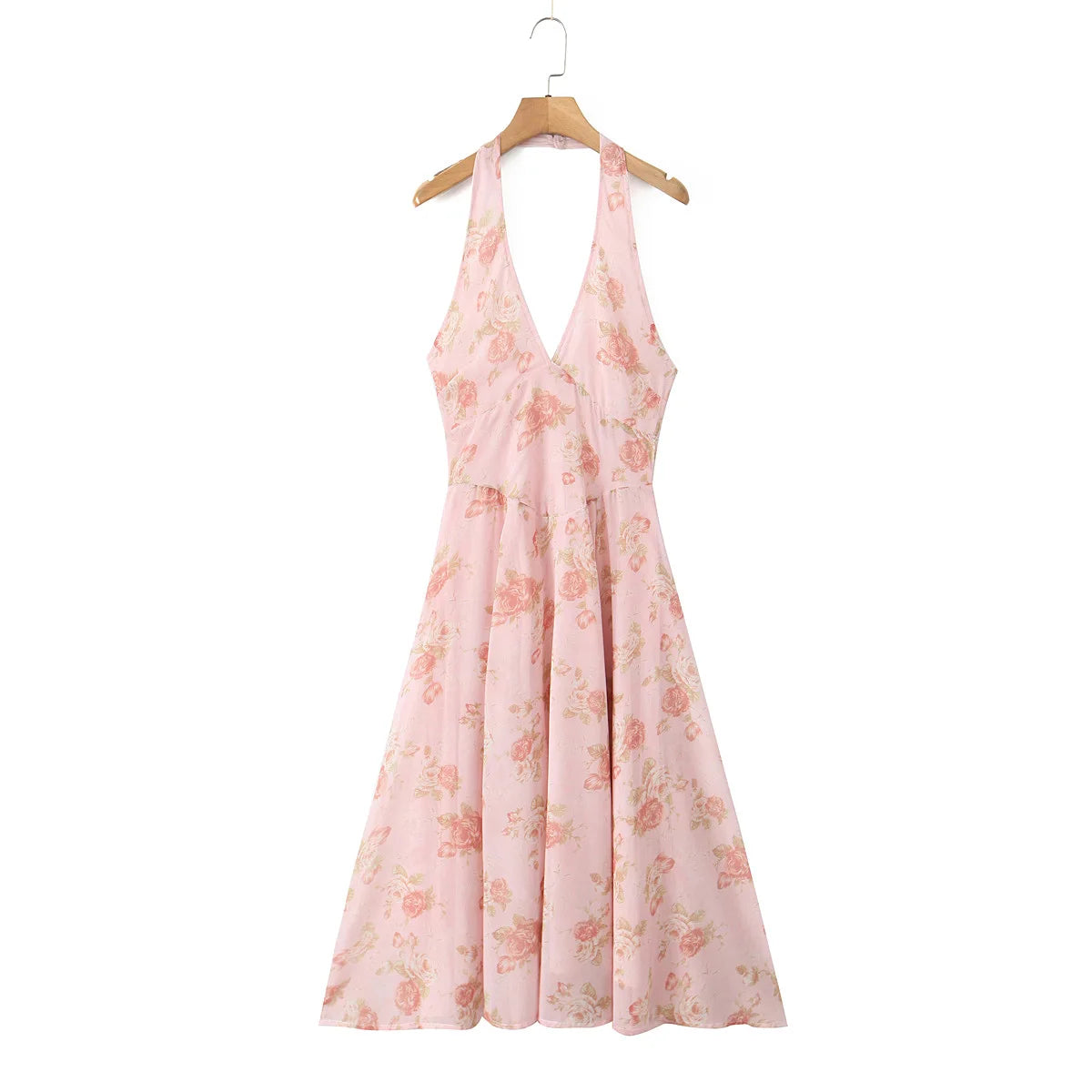 Summer Pink Flower Print Halter V Collar Sling Midi Dress Women Low Waist A-Line Pleated Swing Backless Robe Beach