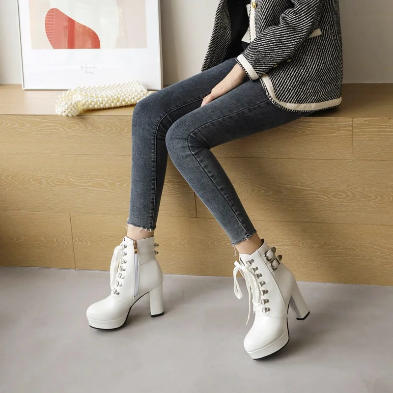 Winter Pink White Red Platform Ankle Boots Women High Chunky Heel Party Dress Lady Buckle Zipper Platform Short Motorcycle Boots