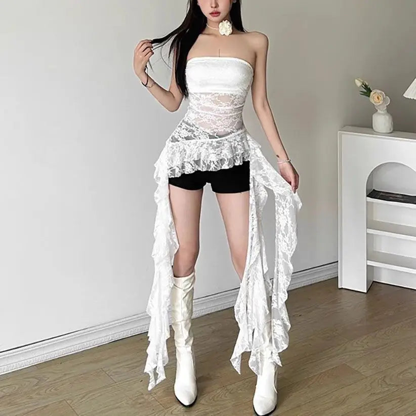 Summer Women Sexy Lace Splice Tube Top Vest Irregular Ruffle Hem Slim Fit Pure Desire Spicy Style Fashion Outwear Tops