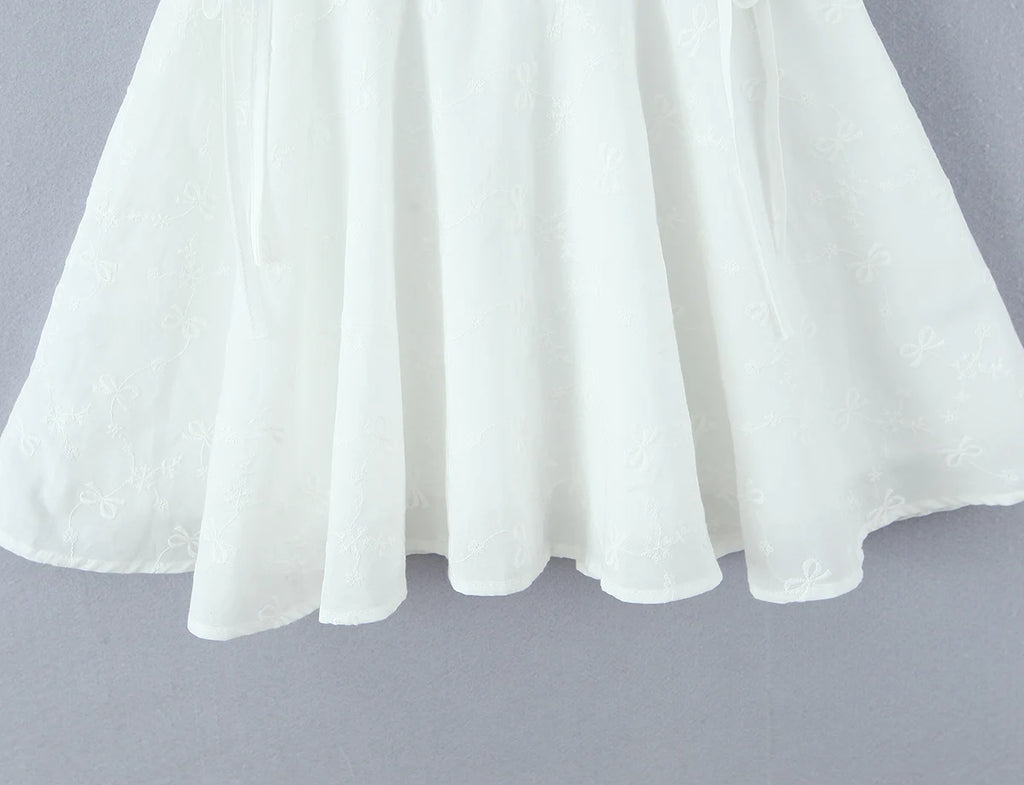 Sexy White Embroidery Floral Corset style Boning Tank Dress Women Cross Lacing up Bow Slim Waist Swing Short Dresses Vestdios