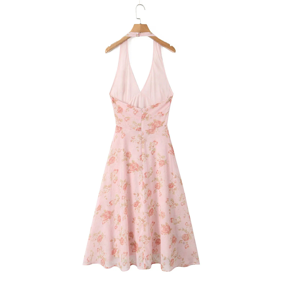 Summer Pink Flower Print Halter V Collar Sling Midi Dress Women Low Waist A-Line Pleated Swing Backless Robe Beach