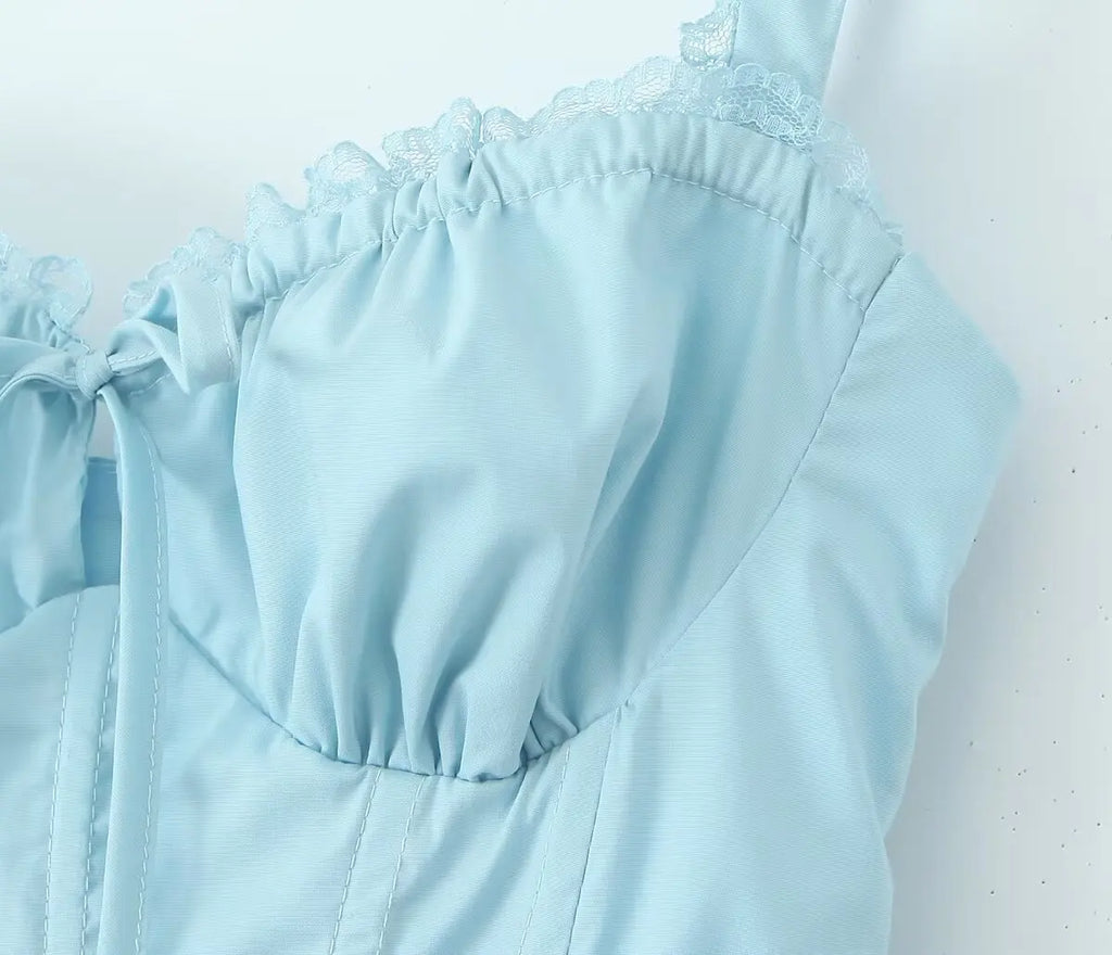 2024 Sexy Sky blue Splice Lace Bow Ruched Chest Corset Style Sling Dress Cross Bandage Lacing Up Back Hem Slit Midi Robe Women