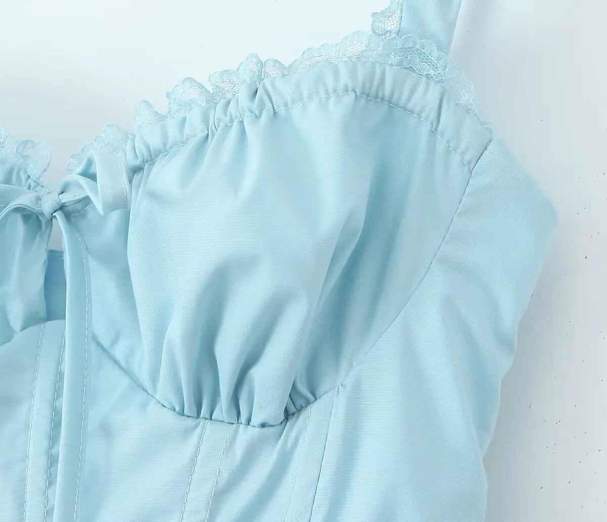 2024 Sexy Sky blue Splice Lace Bow Ruched Chest Corset Style Sling Dress Cross Bandage Lacing Up Back Hem Slit Midi Robe Women