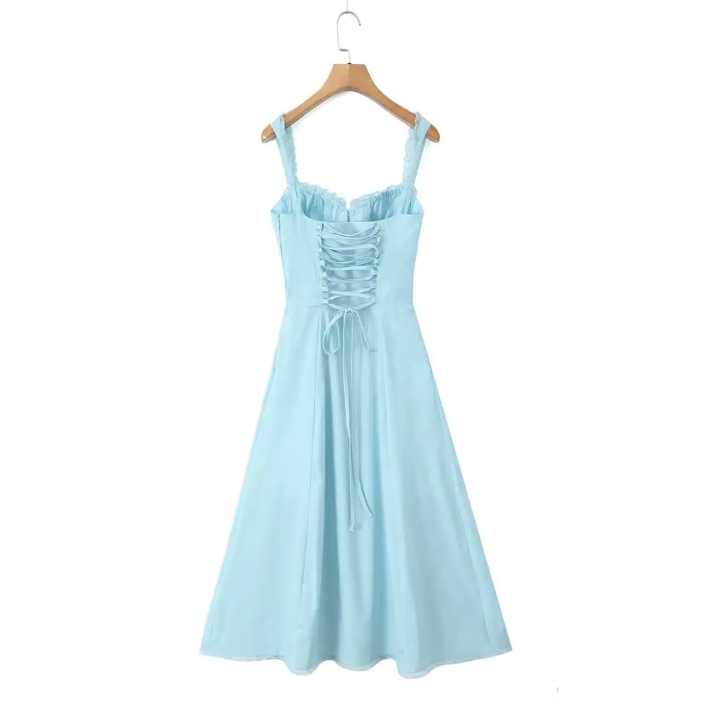 2024 Sexy Sky blue Splice Lace Bow Ruched Chest Corset Style Sling Dress Cross Bandage Lacing Up Back Hem Slit Midi Robe Women