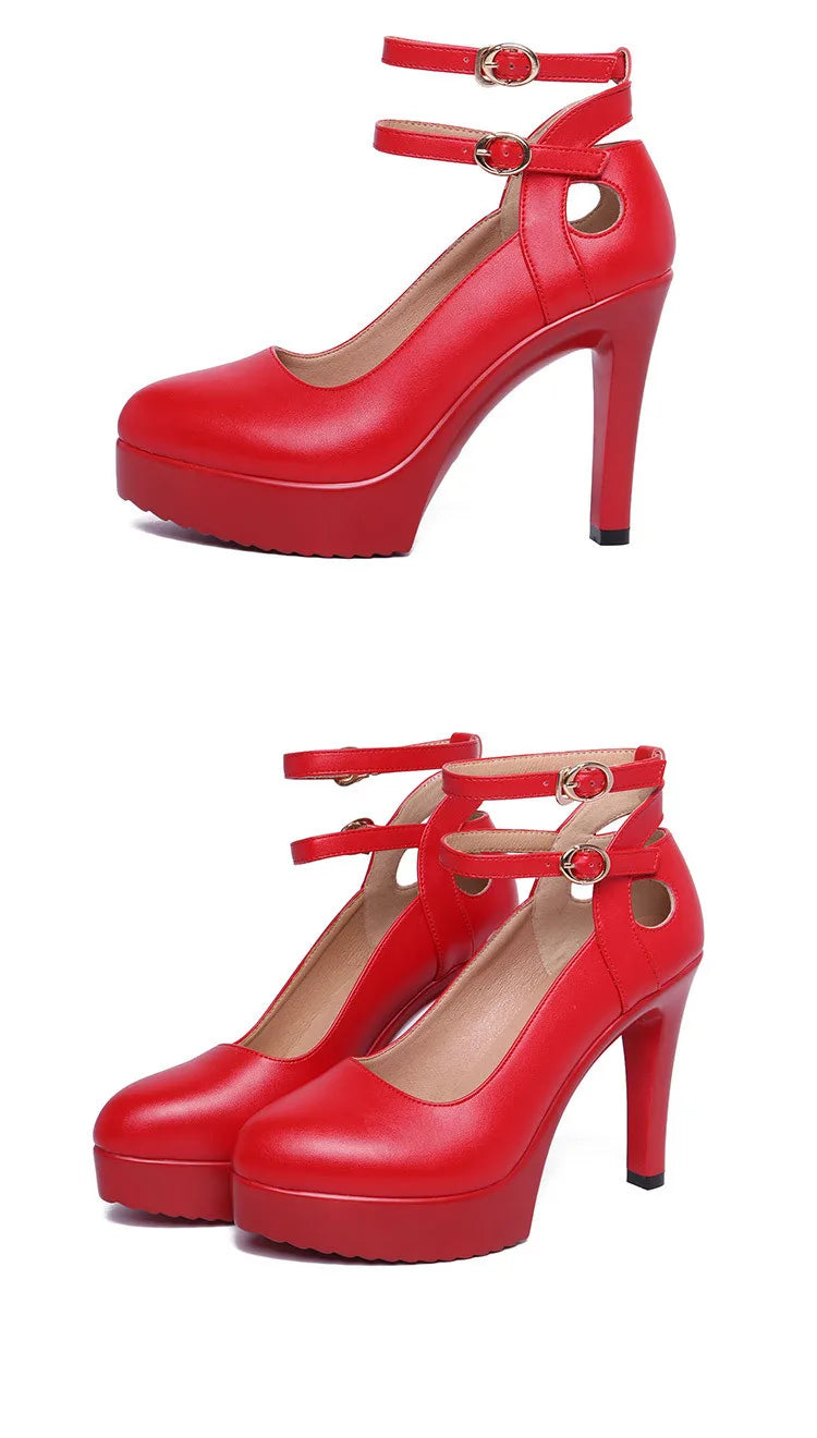 11cm Small Size 32-43 Double Ankle Buckle Soft Leather Shoes Platform Pumps 2025 Block High Heels Shoes for Office Model Dress