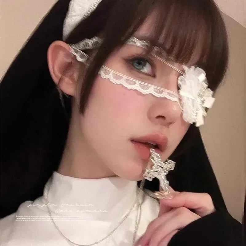 Vintage Punk Heart Bow Cross Eye Mask for Women Lolita Eye Patch Gothic Cosplay Decoration Lace Eyewear Leg Chain Accessories