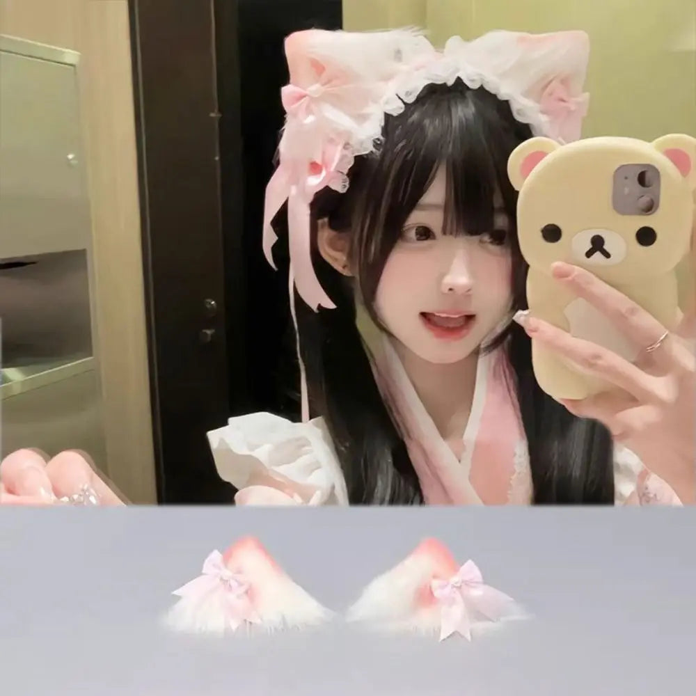 New Lolita Cat Ears Headband Lace Cosplay Head Wrap Bow Headdress Women