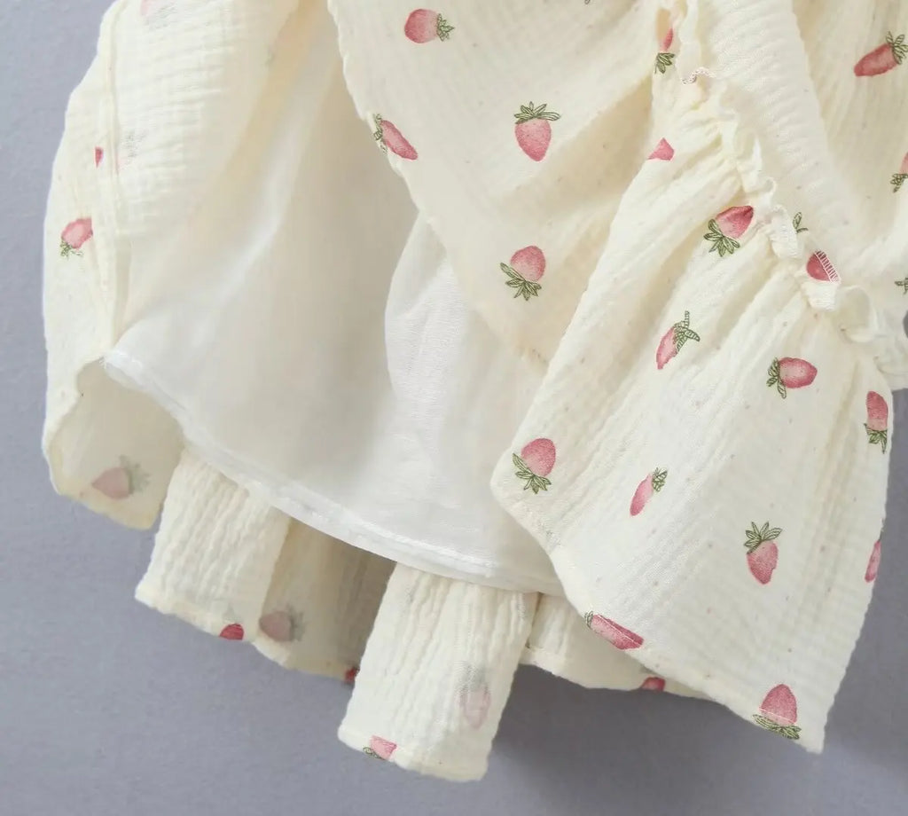 Women Sexy Beige Strawberry Tie Bow Strap Dress Cross Lacing Up Back Slim Waist Wood ears Swing Cake Mini Robe Vestidos