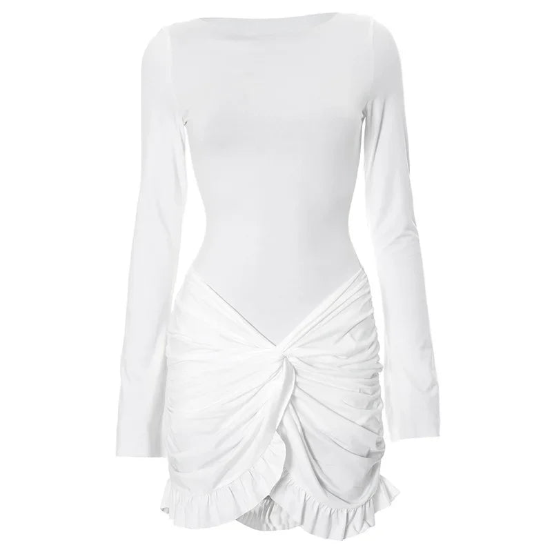 Ruched Bodycon Dress Women Sexy Long Sleeve Twist Ruffles Hem Mini Y2k Dresses Autumn White Elegant