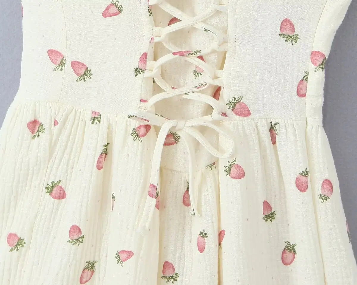 Women Sexy Beige Strawberry Tie Bow Strap Dress Cross Lacing Up Back Slim Waist Wood ears Swing Cake Mini Robe Vestidos