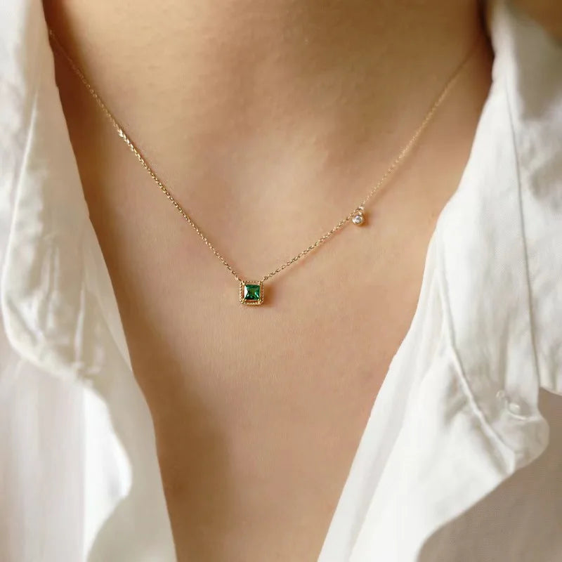 Sterling Silver Simple Emerald Crystal Chain Necklace  Women Light Luxury Temperament Plating 14k Gold Jew  New style