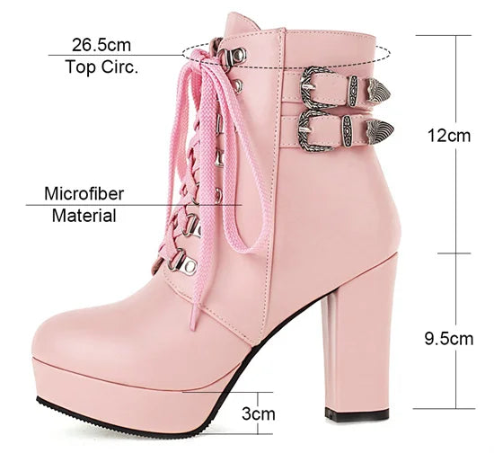 Winter Pink White Red Platform Ankle Boots Women High Chunky Heel Party Dress Lady Buckle Zipper Platform Short Motorcycle Boots