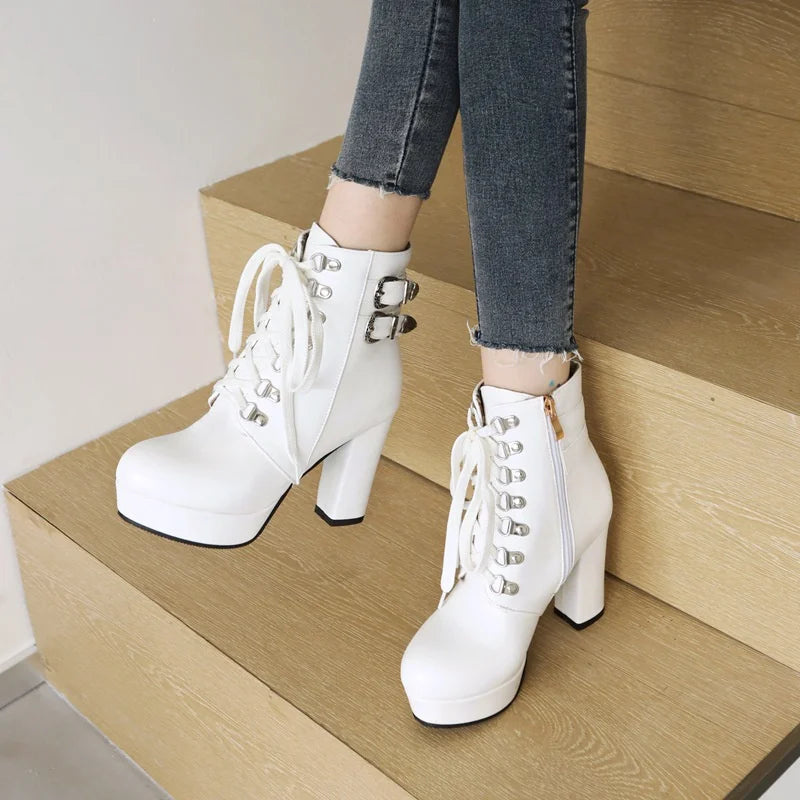 Winter Pink White Red Platform Ankle Boots Women High Chunky Heel Party Dress Lady Buckle Zipper Platform Short Motorcycle Boots