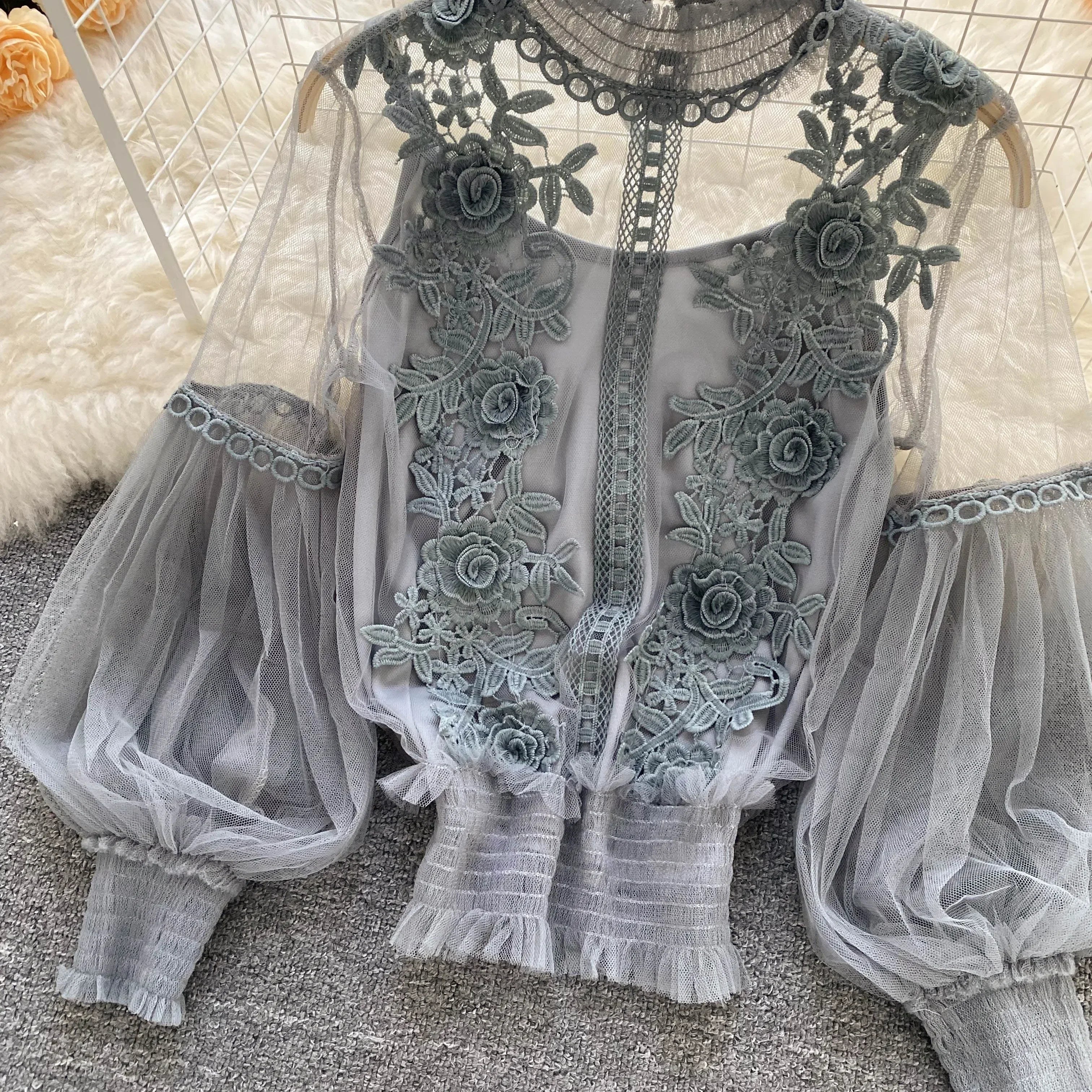 Lace Puff Long Sleeve Blouse Vintage Fashion Blouses Elegant Femme Blusas Korean Woman Tops Women Shirts Clothing Dropshipping