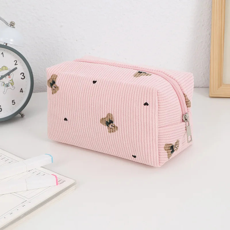 Kawaii Corduroy Travel Cosmetic Lipstick Skincare Storage Bag Toiletry Kit Women Makeup Handbags Organizer Pouch Bag Pencil Case