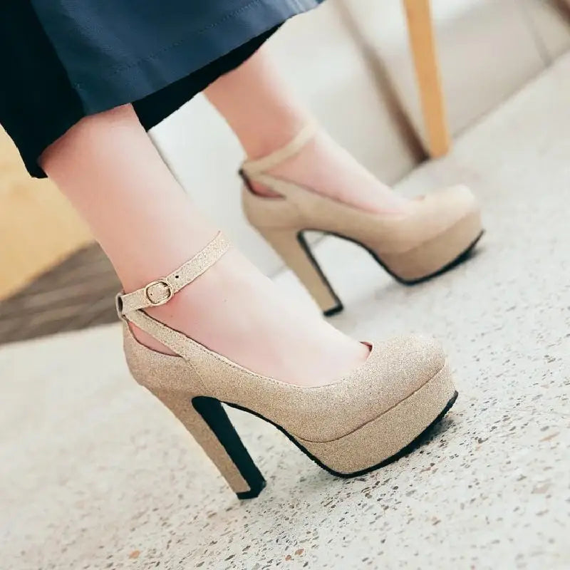 Classic Women's Shoes Super High Heels Waterproof Platform Ladies Pumps Ankle Buckle Straps Large Size Female Shoe Spring Autumn