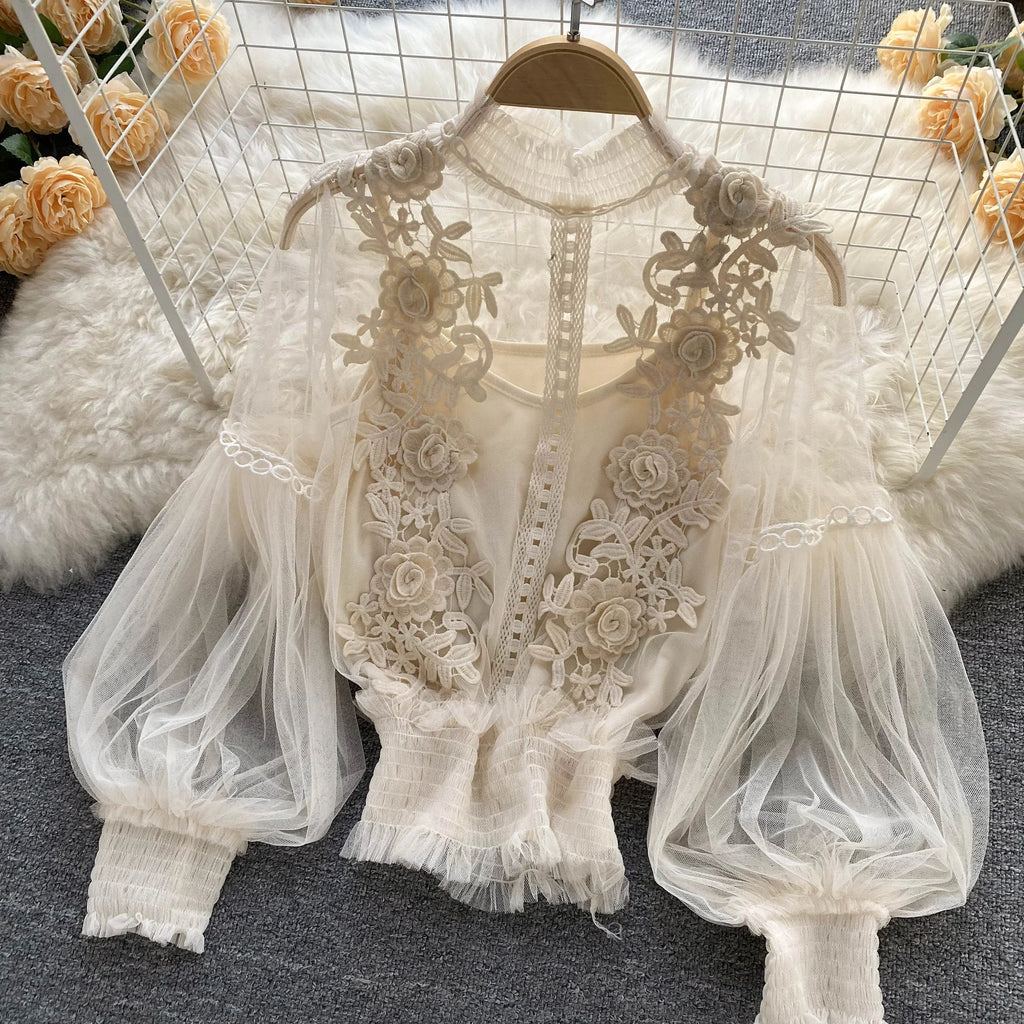 Lace Puff Long Sleeve Blouse Vintage Fashion Blouses Elegant Femme Blusas Korean Woman Tops Women Shirts Clothing Dropshipping