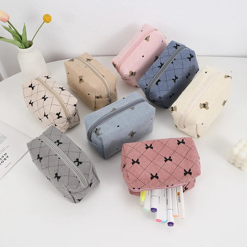 Kawaii Corduroy Travel Cosmetic Lipstick Skincare Storage Bag Toiletry Kit Women Makeup Handbags Organizer Pouch Bag Pencil Case