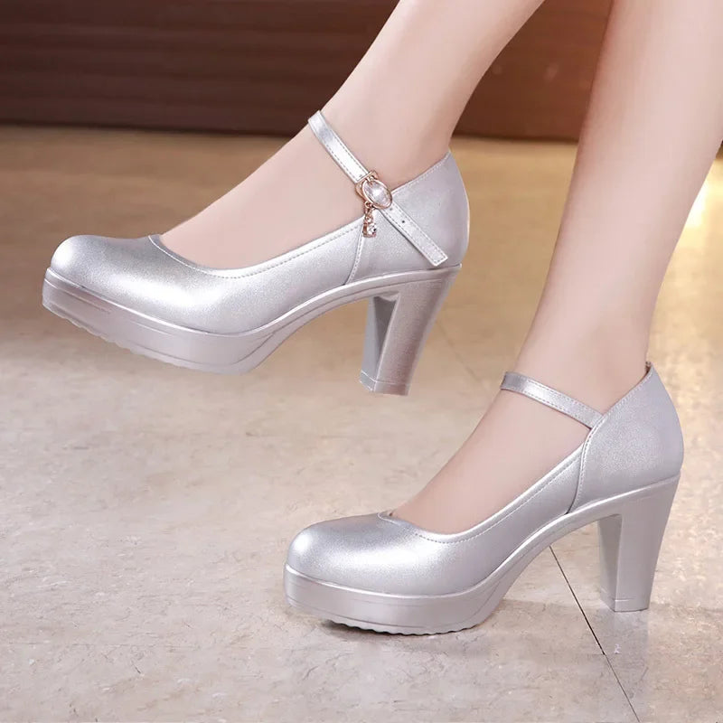 Small Size 32-43 Shallow Thick Bottom White Silver Wedding Shoes Bride Platform Pumps 2025 Block High Heels Shoes for Model Mom