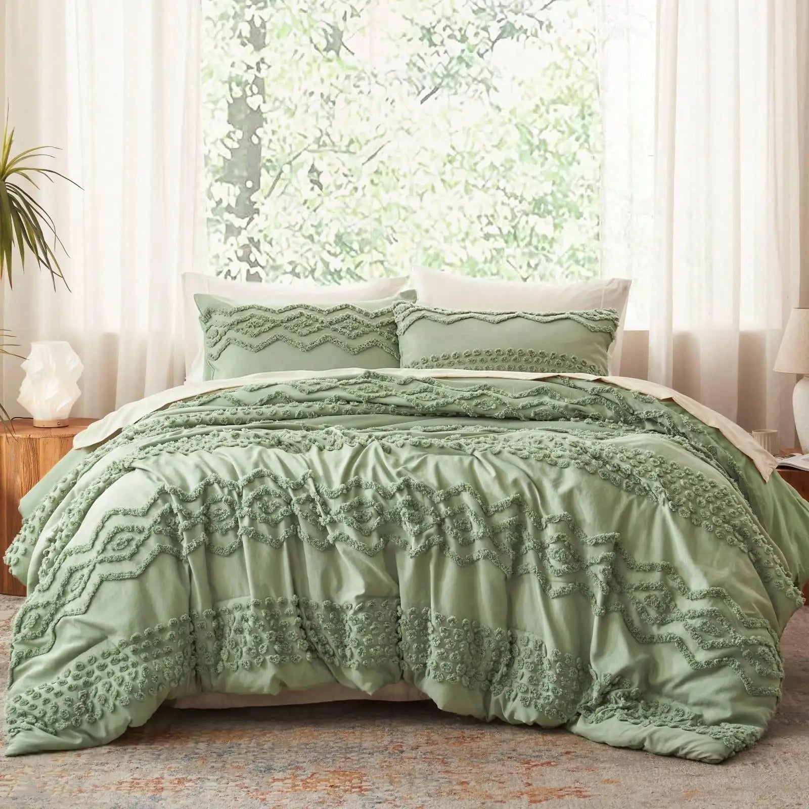 Boho Tufted Comforter Set King Size For Room Deocr And Valentine's Day 3 Pieces White Shabby Chic Comforter Farmhouse Embroidery