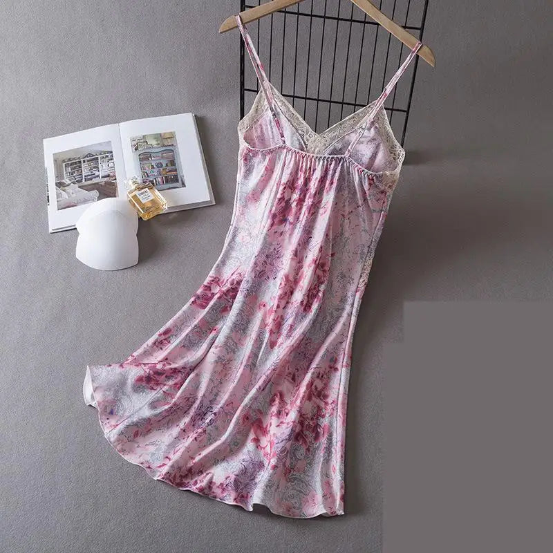 Women Lace Chemise Nightgown Dress Summer New Silky Satin Sleepwear Dressing Gown Lingerie Sexy Strap Nightdress Loungewear