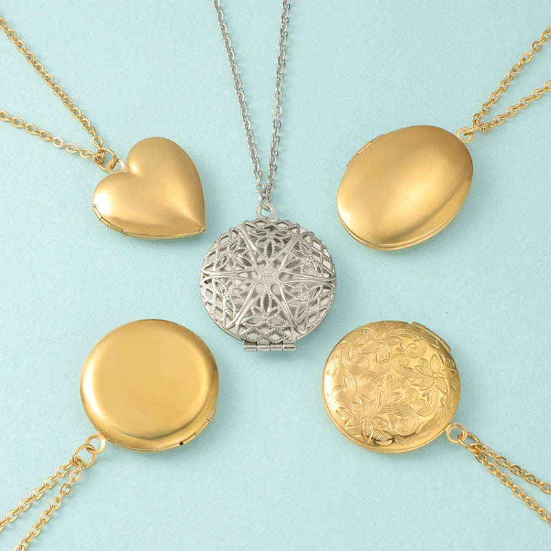 5pc Carved Designs Round Photo Frame Pendant Necklace Stainless Steel Charms Locket Girls Women Memorial Jewelry