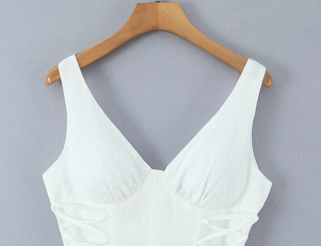 Sexy White Embroidery Floral Corset style Boning Tank Dress Women Cross Lacing up Bow Slim Waist Swing Short Dresses Vestdios