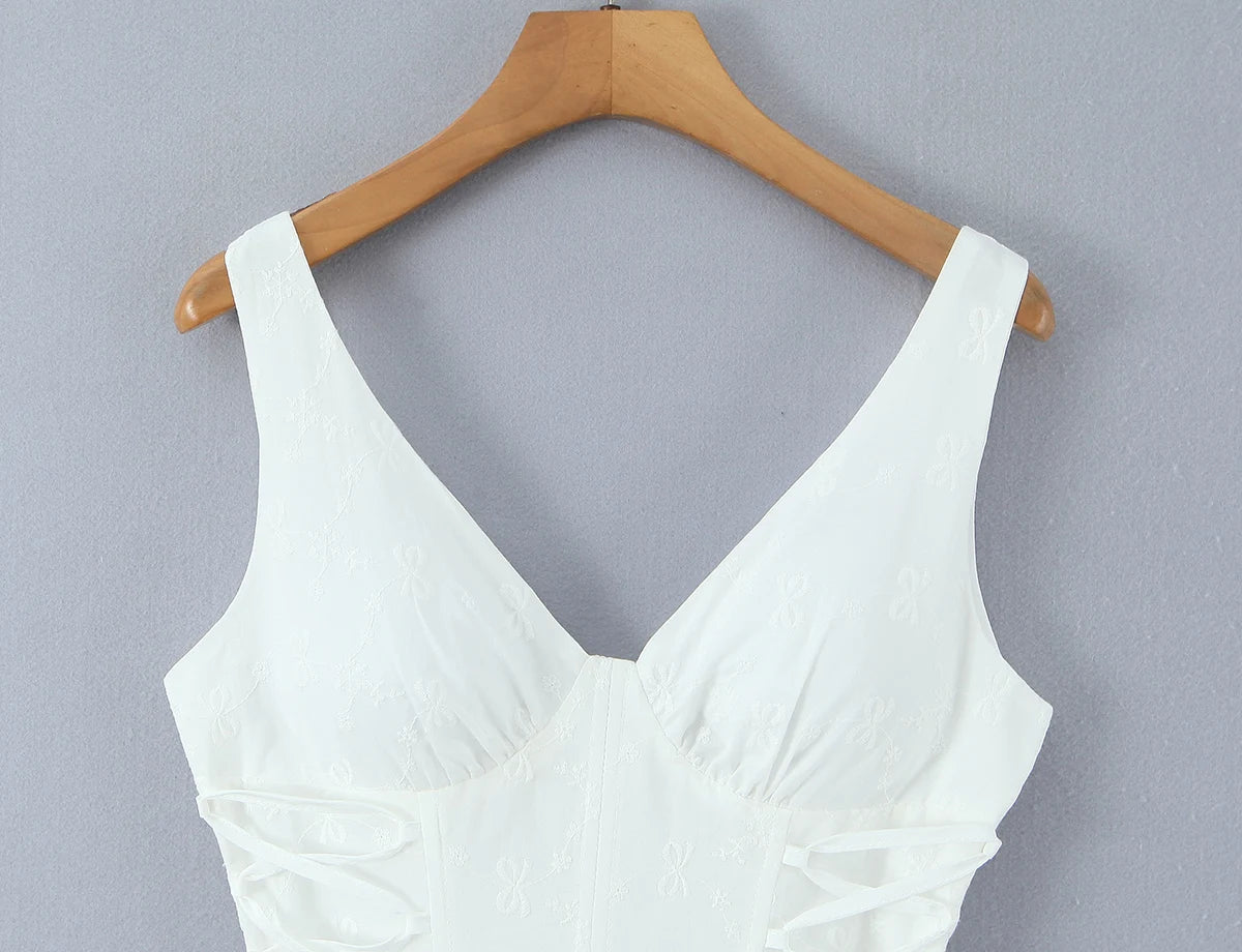 Sexy White Embroidery Floral Corset style Boning Tank Dress Women Cross Lacing up Bow Slim Waist Swing Short Dresses Vestdios