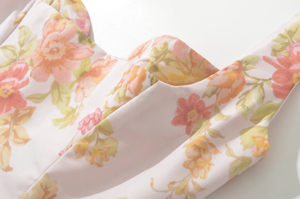 2024 Sexy Pink Flower Print V Collar Sling Dress Women Corset Style Low Waist Folds Hem Ball Gown Swing Mini Tank Robe