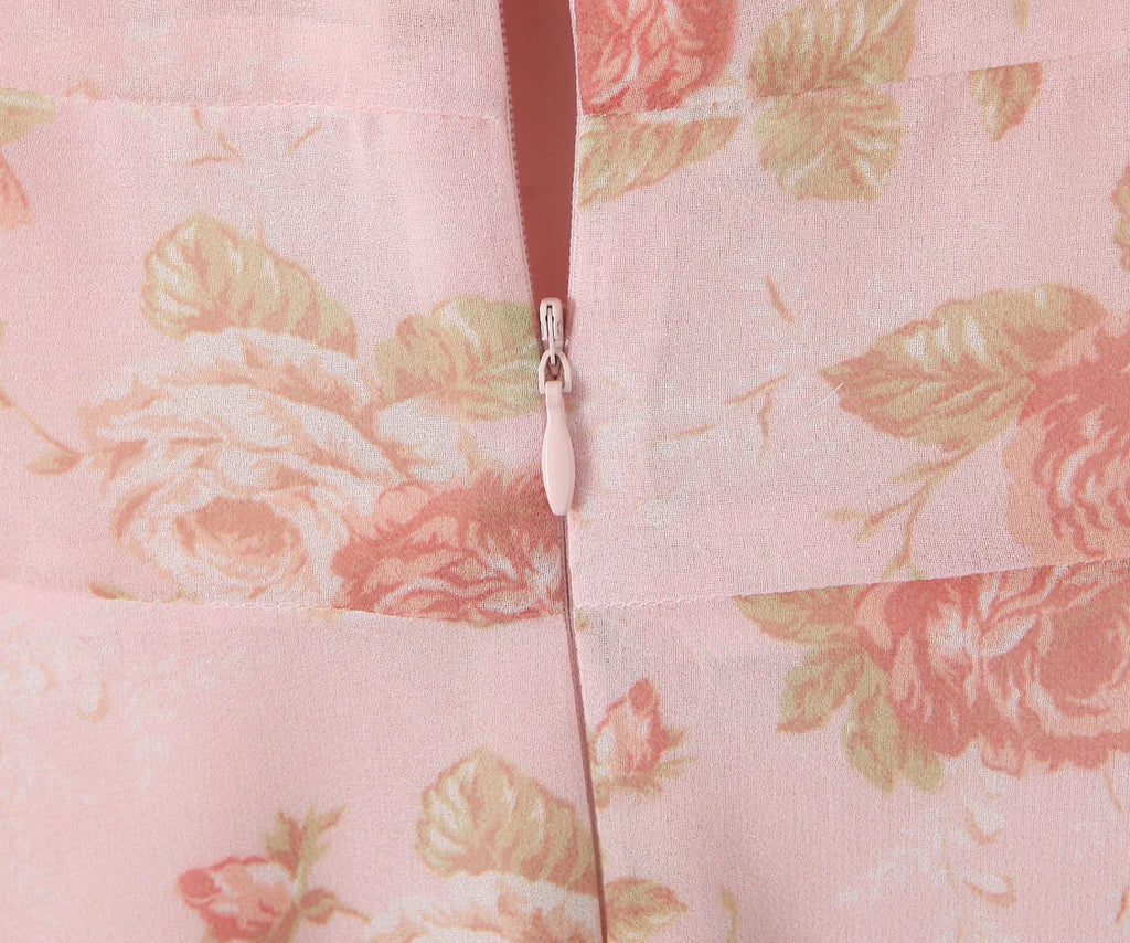 Summer Pink Flower Print Halter V Collar Sling Midi Dress Women Low Waist A-Line Pleated Swing Backless Robe Beach