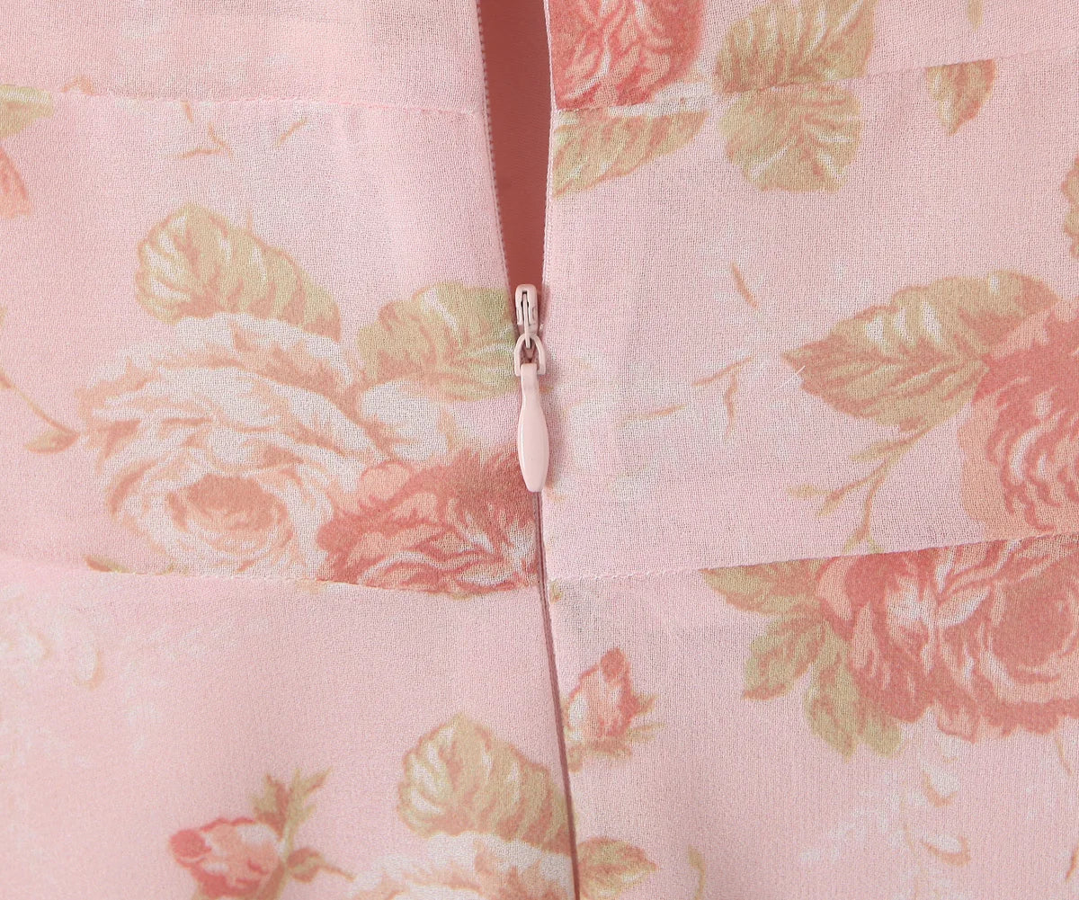Summer Pink Flower Print Halter V Collar Sling Midi Dress Women Low Waist A-Line Pleated Swing Backless Robe Beach