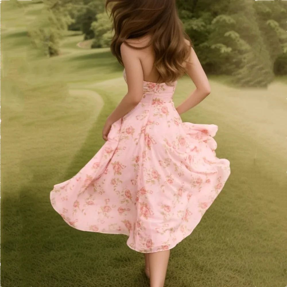 Summer Pink Flower Print Halter V Collar Sling Midi Dress Women Low Waist A-Line Pleated Swing Backless Robe Beach