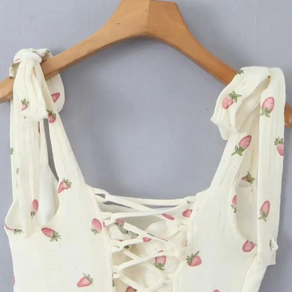 Women Sexy Beige Strawberry Tie Bow Strap Dress Cross Lacing Up Back Slim Waist Wood ears Swing Cake Mini Robe Vestidos