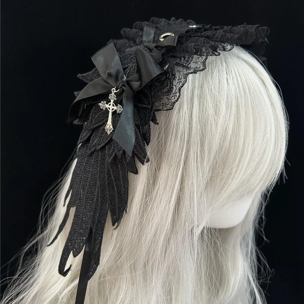 New Lolita Cat Ears Headband Lace Cosplay Head Wrap Bow Headdress Women